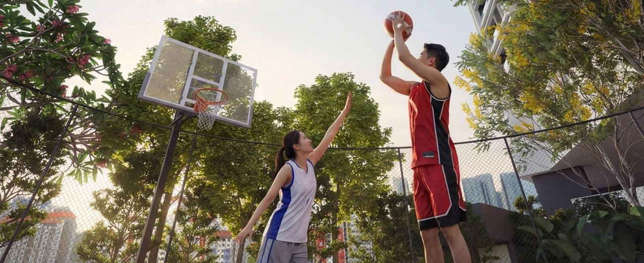 Half basketball court on the podium level at Lunar Seputeh