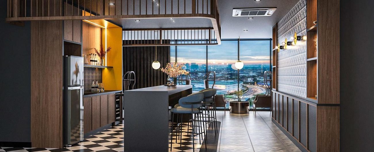 Artist's impression of the chill lounge at Lunar Seputeh with bar seating and city views